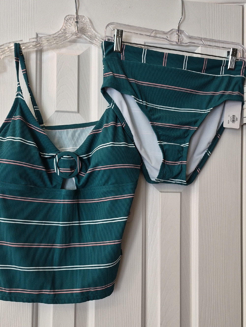 NWT Striped Teal Two-Piece Swim Set with Ring Detail XL Top Med Bottom